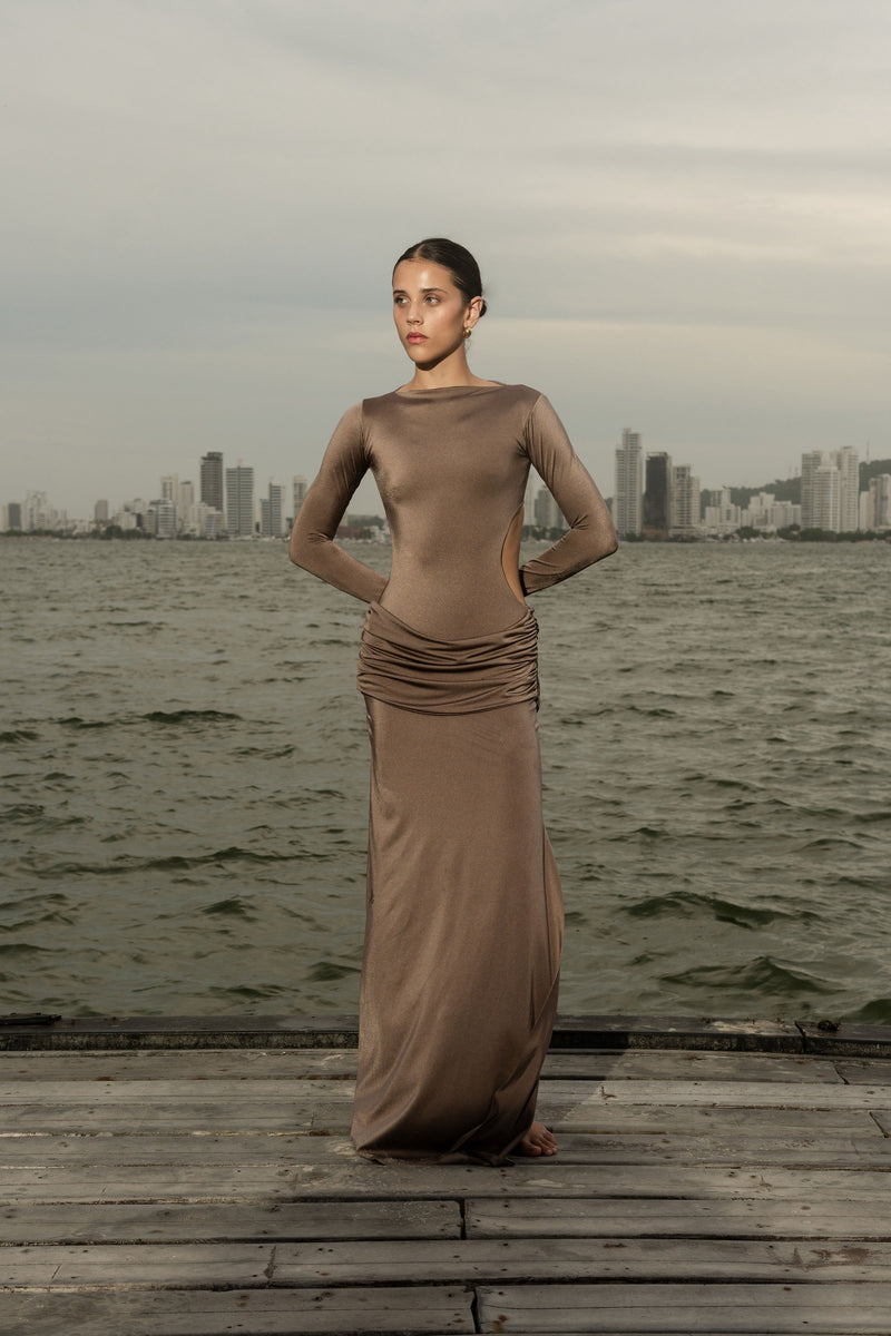 DANIELLE DRESS - SILK TIE TAUPE