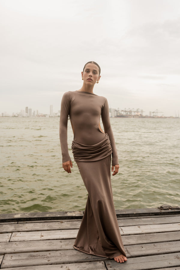 DANIELLE DRESS - SILK TIE TAUPE