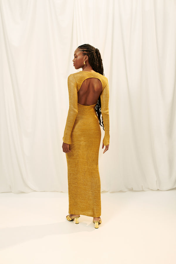 TABACO Y RON CROCHET-KNIT MAXI DRESS - GOLD