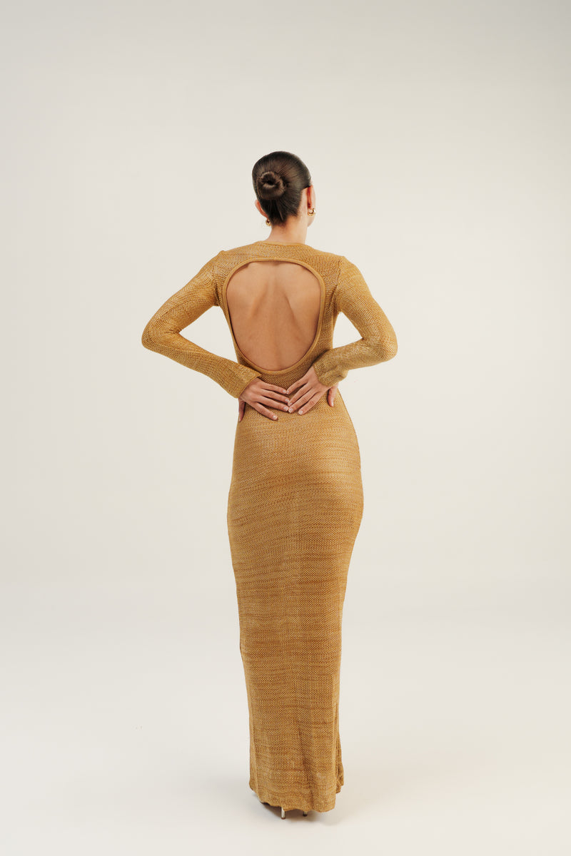 TABACO Y RON CROCHET-KNIT MAXI DRESS - GOLD Ette de Oro Internacional TABACO Y RON CROCHET-KNIT MAXI DRESS - GOLD Ette de Oro Internacional