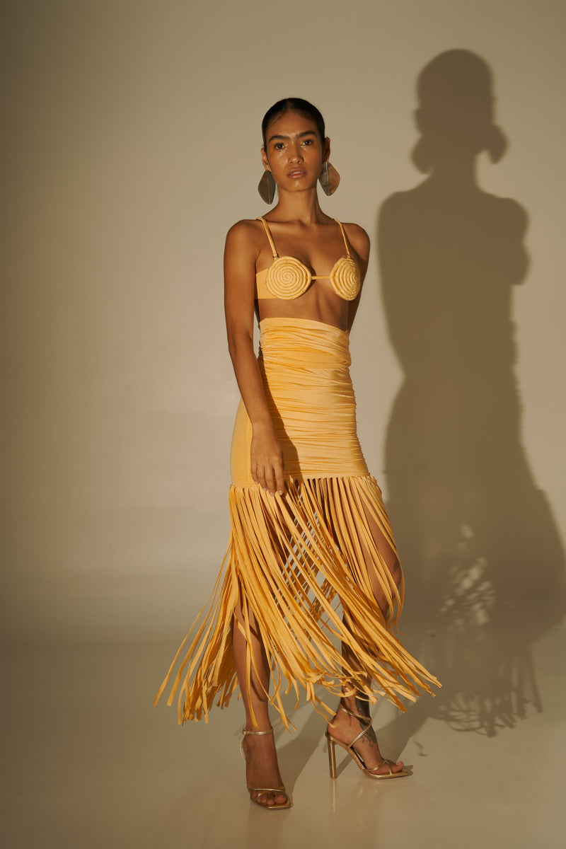 TANGO TROPICAL LASER-CUT FRINGED DRESS – MELLOW YELLOW