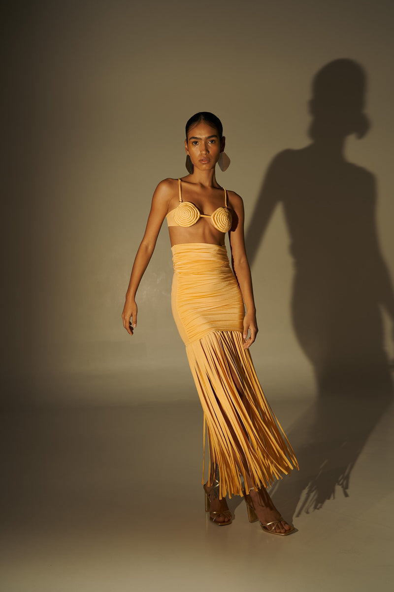 TANGO TROPICAL LASER-CUT FRINGED DRESS – MELLOW YELLOW