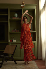 PA’L BAILADOR LASER-CUT FRINGED GOWN – SAFFRON/COPPER