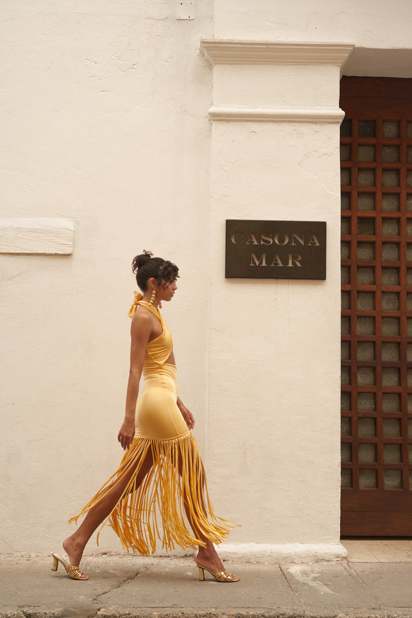 TANGO TROPICAL LASER-CUT FRINGED DRESS – MELLOW YELLOW